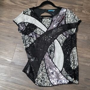 Alice + Olivia Black and Silver Sequin Top
